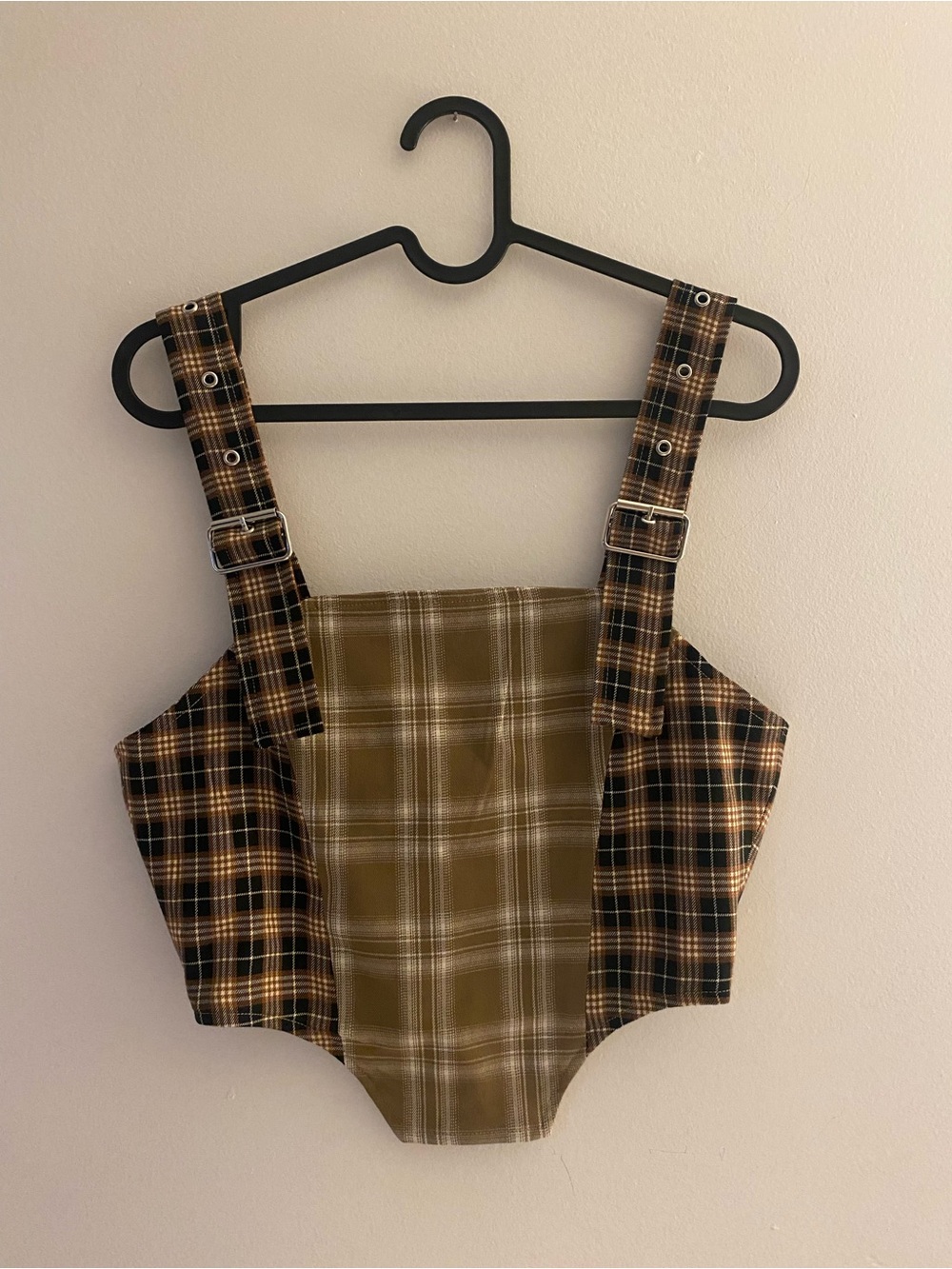 The Ragged Priest Olive and Black Plaid Pinafore Crop Top